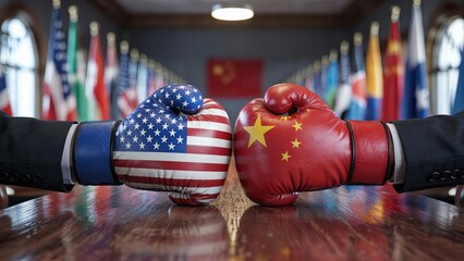 Two politicians wearing boxing gloves with american flag and chinese flags are facing off, representing the conflict between the two countries.