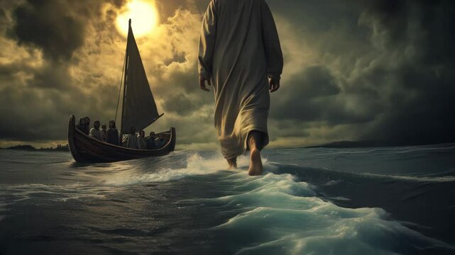 Jesus walking on the stormy sea of galilee, disciples perspective with dramatic moonlight and waves


