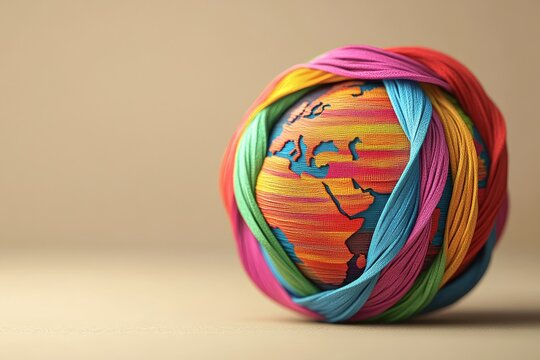 The earth globe is encircled by a colorful ribbon for world cancer day, as depicted in a 3d rendering