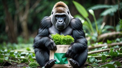 Obraz premium Gorilla seated in a lush forest holding a small bag with green plants, surrounded by foliage.