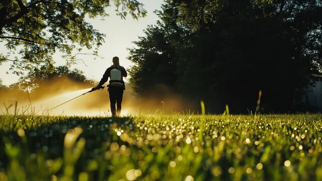 pest control professional applying pesticide on lush green lawn for effective treatment

