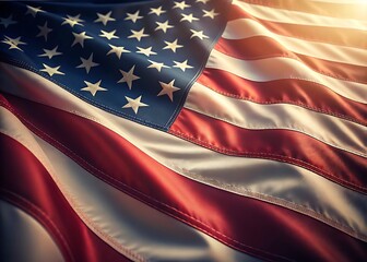 American Flag Waving in Sunset Light – Patriotic Close-Up with Stars and Stripes