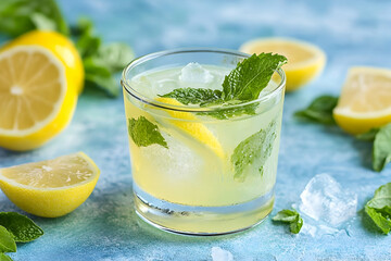 Fototapeta premium Refreshing lemon mint beverage in a glass.