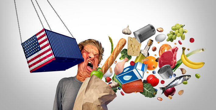 Trade War price pain and and rising American food cost or grocery prices surging costs of supermarket groceries as a financial USA crisis due to tariffs economic policy.