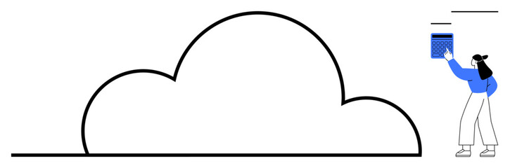 Person placing a digital element in a large cloud shape, symbolizing cloud computing, data synchronization, and online storage. Ideal for technology, innovation, data security, cloud services