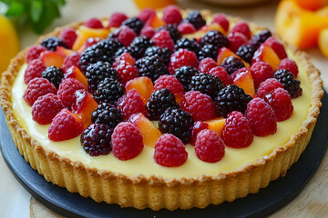 A beautiful fruit tart filled with fresh raspberries, blackberries, and peaches.