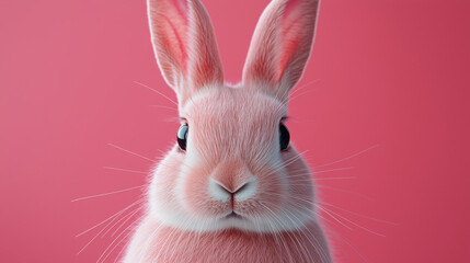 Fototapeta premium A cute pink bunny rabbit stares directly at the camera against a vibrant coral pink background perfect for Easter sp or pet themed designs.