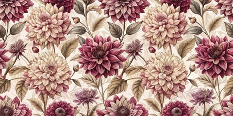 Elegant floral wallpaper with dahlias in rich burgundy and cream hues.