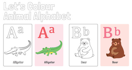 ABC Animal Alphabet Colouring Page for Kids learning English,  Flash Card Set, Animal Name, Vector Illustration
