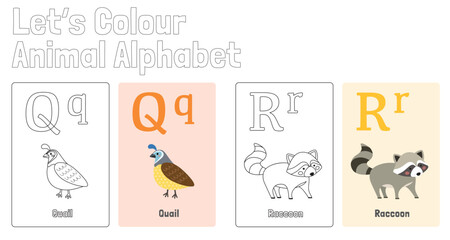 Fototapeta premium ABC Animal Alphabet Colouring Page for Kids learning English, Flash Card Set, Animal Name, Vector Illustration