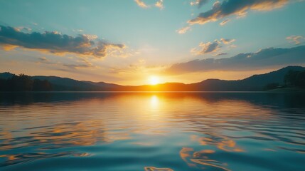 Fototapeta premium Stunning Sunset Over Calm Lake with Mountains and Soft Clouds in the Background