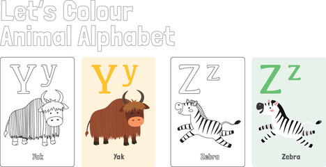 ABC Animal Alphabet Colouring Page for Kids learning English,  Flash Card Set, Animal Name, Vector Illustration