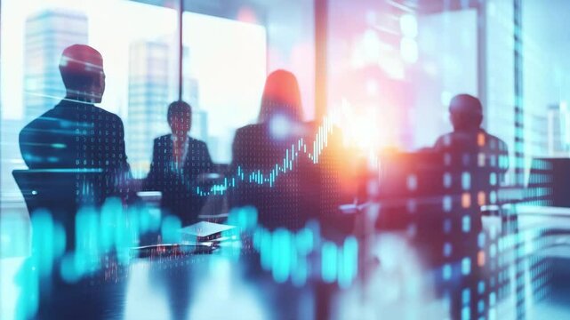 Silhouetted business professionals appear in a double exposure with flowing data streams, representing collaborative strategy discussions in a modern office overlooking the city at sunset
