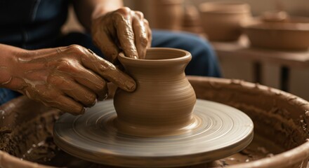 The artful process of shaping a clay pot on a spinning pottery wheel. Hands coated in wet clay delicately mold the material, emphasizing the craftsmanship and creativity involved.