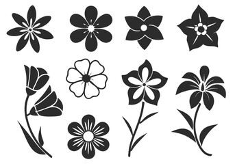 Black and white flower icon vector set featuring bold graphic outlines and stylized abstract floral shapes in a simple, modern line-art style &ndash; perfect for print, web, or digital design