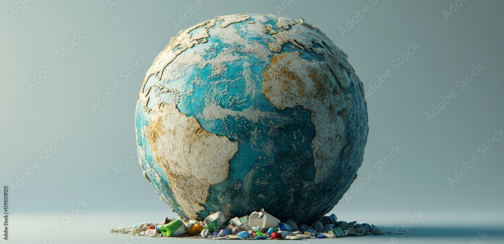 Wall mural an stock image of a polluted planet earth surrounded by garbage on a grey background with copy space