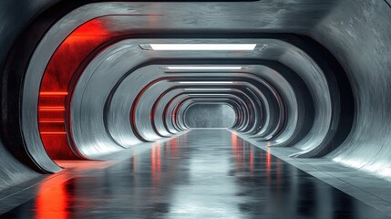 Naklejka premium Interior of a futuristic tunnel with red accents and glossy floor