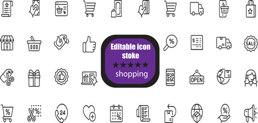 Shopping Editable Stroke icon set. Online shopping, store, delivery, promotion and shopping cart symbol