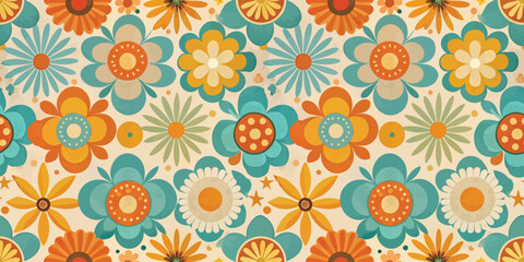 Fototapeta premium Colorful floral pattern featuring vibrant blue and orange flowers on a light background.