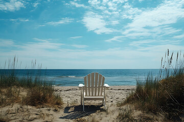 A solitary white Adirondack chair on a sandy beach overlooking a tranquil ocean.