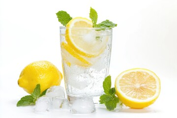 Refreshing lemon water with ice and mint, perfect summer drink.