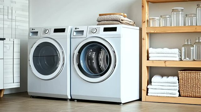 Scandinavian-inspired laundry room, light wood tones and white walls, with a modern washer and dryer set perfectly placed to the right under floating shelves holding glass jars