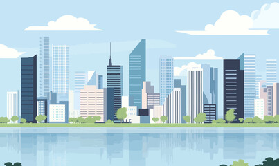 Fototapeta premium Minimalist Cityscape with Skyline and Waterway, Flat Vector Art Illustration