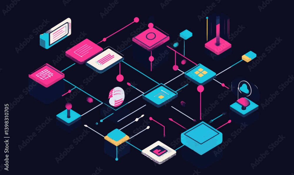 Wall mural isometric ai content creation flowchart for modern digital design solutions
