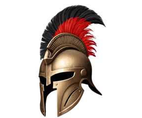 Detailed illustration of an ancient spartan bronze helmet adorned with vibrant red and black plumage, evoking a sense of history and warrior spirit
