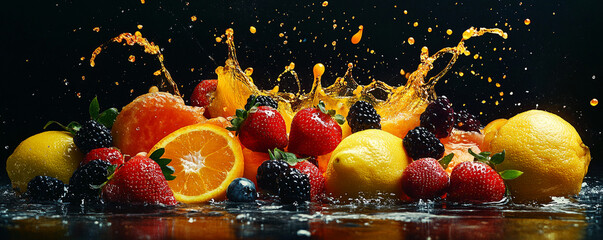 Vibrant fruit medley with juice splash against dark backdrop showcases freshness and vitality