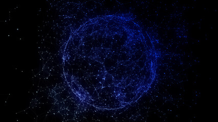 Abstract blue sphere on black background. Wireframe circle structure with glowing particles and lines. Futuristic digital illustration. 3D rendering.