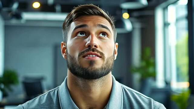 Stylish businessman in a casual polo shirt speaking into a mounted DSLR camera, framed by sleek office interiors, hanging pendant lights, and contemporary d&eacute;cor