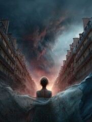 Fototapeta premium Silhouetted girl in vintage dress facing dramatic burning sky between Parisian buildings during Bastille Day, cinematic atmosphere perfect for story-format visuals and historical concept art