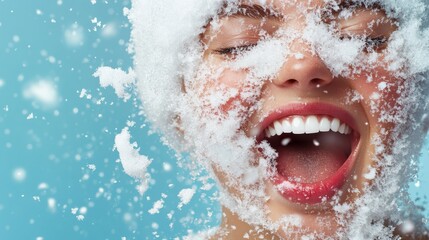 A joyful woman experiences the thrill of winter as snowflakes envelop her face, capturing a moment of pure happiness amidst a snowy wonderland, radiating joy.