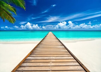 Fototapeta premium Tropical Paradise with Wooden Pier Leading into Turquoise Ocean
