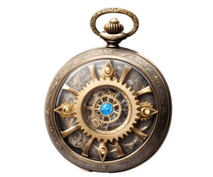 Detailed Illustration of an Ornate, Enchanted Pocket Watch with Visible Gears, Ideal for Fantasy or Steampunk Themes, Suitable for Design and Art Projects