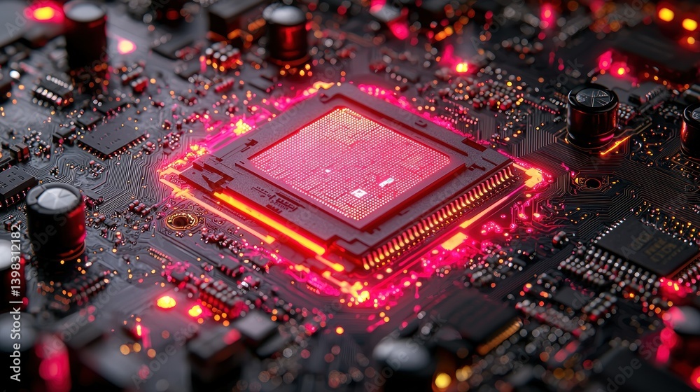 Poster close-up of a glowing computer processor on a circuit board. high-tech, advanced technology, digital
