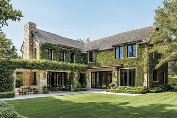 Fototapeta premium Beautiful green ivy-covered house situated in a serene suburban neighborhood surrounded by lush gardens and trees during the bright daylight