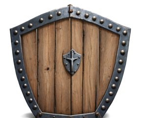Detailed illustration showcasing an aged wooden tower shield reinforced with metal bands and rivets, featuring a central metallic emblem, evoking a sense of medieval defense