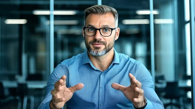 Tech-savvy professional, wearing a casual blue shirt, gesturing naturally while recording a corporate testimonial video in a glass-walled conference room filled with soft natural l