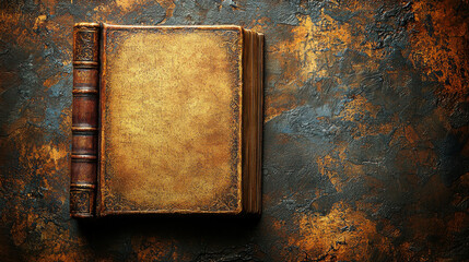 An antique leather-bound book with a richly textured gold cover rests on a dark mottled background perfect for vintage designs and historical projects.