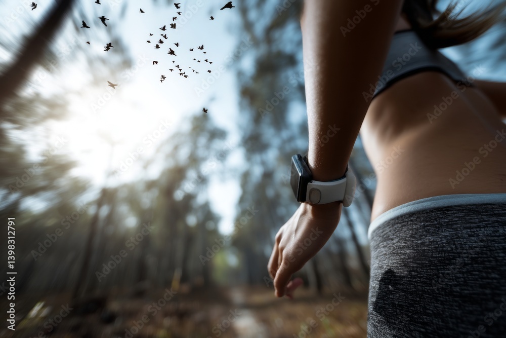 Aufkleber jogging through a serene forest path, a woman enjoys the quiet of dawn while maintaining fitness. bi