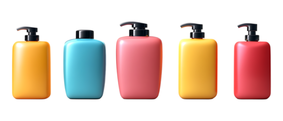 Five colorful plastic cosmetic pump bottles stand in a row, isolated on a pure transparent background for product advertising.
