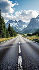 Fototapeta premium empty highway road leading to mountains, scenic travel route, endless journey, adventure drive, road trip experience, beautiful nature highway, open road perspective