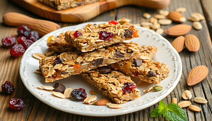 Fototapeta premium Granola Bars Stacked on a Plate with Nuts and Dried Cranberries