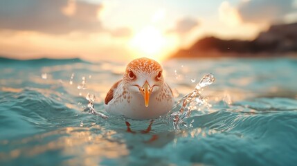 Observe a seagull gracefully swimming in calm ocean waters during sunset, a moment captured in time reflecting the coexistence of wildlife and natural beauty.