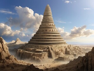 Ancient Tower of Babel: Mesopotamian Ziggurat in Desert Landscape