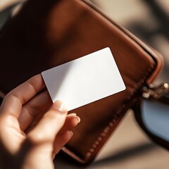 Obraz premium Business Card and Leather Wallet: A person's hand gracefully holds a pristine business card over a rich brown leather wallet, symbolizing the modern aspects of networking and commerce.