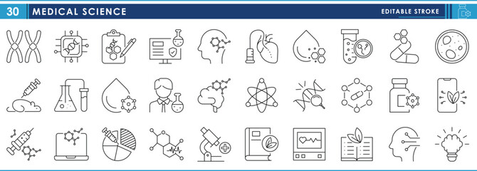 A set of line icons related to Medical Science. Medical, research, chemistry, biology, DNA, injections, molecules, books, and so on. Vector editable stroke.