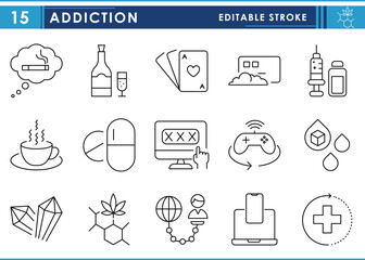 A set of line icons related to Addiction. Addict, alcohol, drinks, sugar, drugs, gambling, smartphone, and so on. Vector editable stroke.